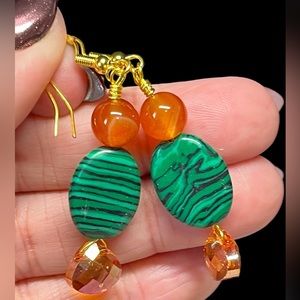 Dyed malachite and bright orange Swarovski crystal earrings on Sterling